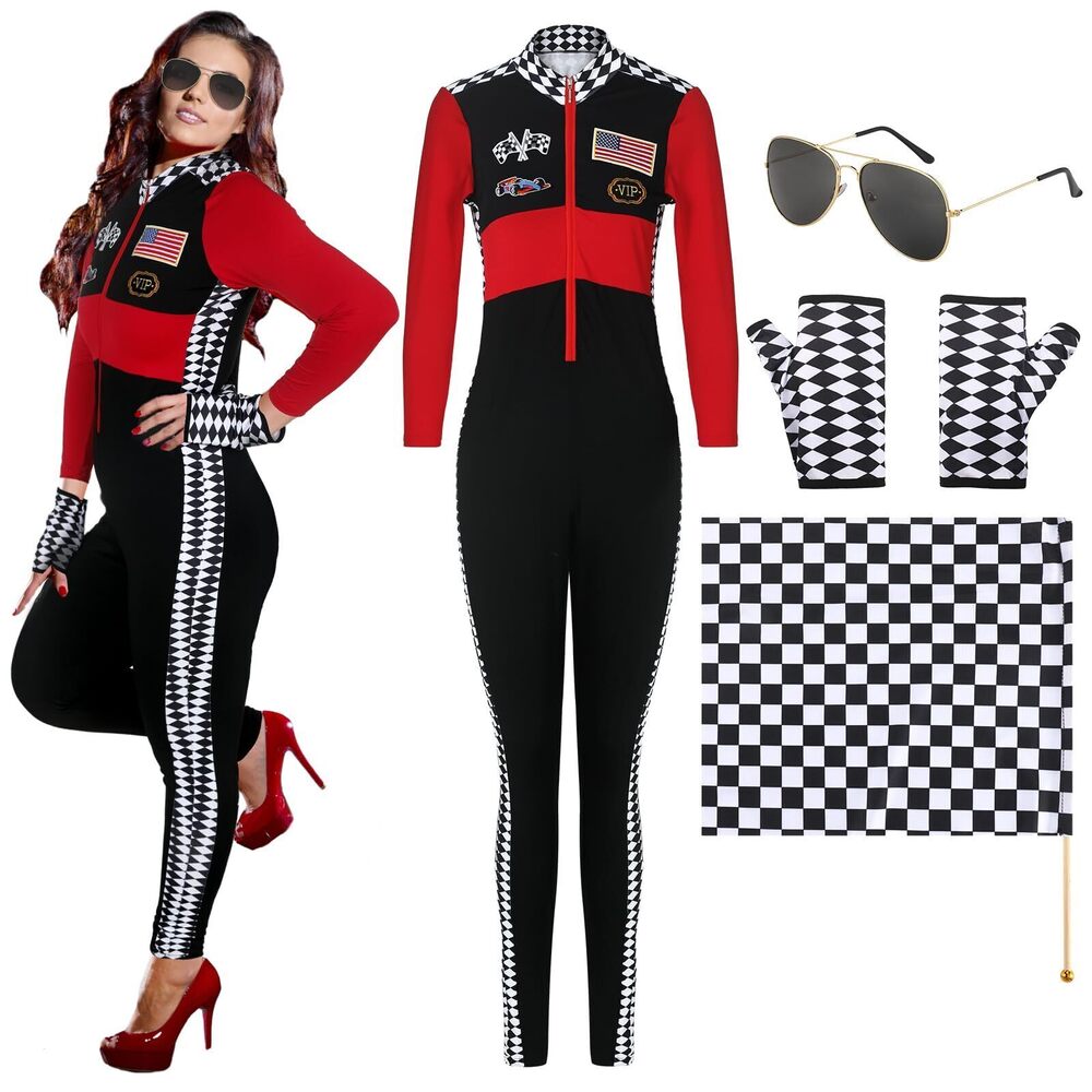 7163 4 Pcs Halloween Racer Car Driver Costume Jumpsuit with Checkered Flag